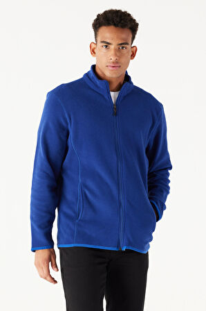 Erkek Saks Mavi Anti-pilling Tüylenme Yapmayan Standart Fit Bato Yaka Sweatshirt Polar Ceket