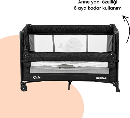 Gulz Beskar Anne Yanı Sallanır Dönenceli Alt Açmalı Oyun Parkı Bebek Beşik 70X120 cm + YATAKLI  Siyah