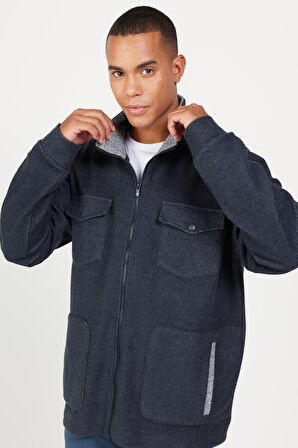 Erkek Indigo Melanj Oversize Bol Kesim Dik Yaka Pamuklu Desenli Sweatshirt Ceket