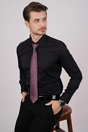 Gömlek Kravat Seti ( sunda Bordo Kare Desenli Kravat & Siyah Saten Slimfit Gömlek)