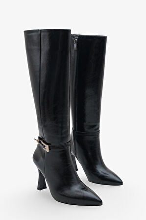 Kadın Tokalı Yandan Fermuarlı Topuklu Sivri Burun Günlük Çizme Kilves Siyah