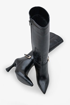 Kadın Tokalı Yandan Fermuarlı Topuklu Sivri Burun Günlük Çizme Kilves Siyah