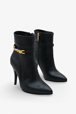 Kadın Topuklu Sivri Burun Tokalı Fermuarlı Günlük Bot Royas Siyah