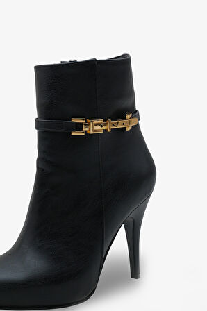 Kadın Topuklu Sivri Burun Tokalı Fermuarlı Günlük Bot Royas Siyah