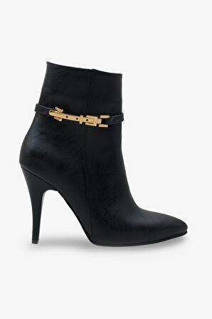 Kadın Topuklu Sivri Burun Tokalı Fermuarlı Günlük Bot Royas Siyah