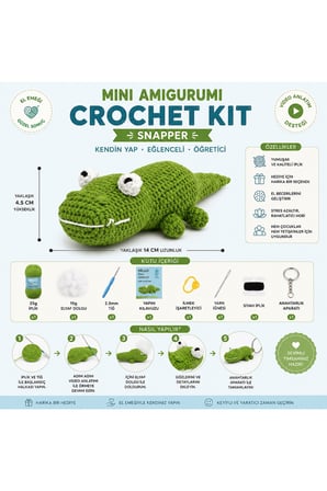 BakGelAl Mini Amigurumi Timsah Yapım Kiti, Anahtarlık DIY Hobi Seti, Video Anlatımlı