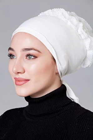 Krem ( Ekru - Kırık Beyaz ) Likralı Fırfırlı Kaymayan Bone