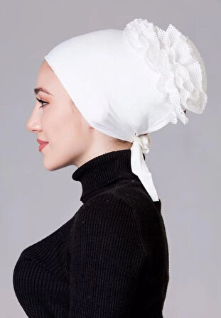 Krem ( Ekru - Kırık Beyaz ) Likralı Fırfırlı Kaymayan Bone