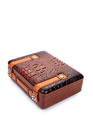 PQ Çakmak Kesicili XXL Kahverengi-Siyah Kilit Mekanizmalı Deri Puro Taşıma Çantası