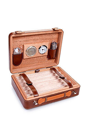 PQ Çakmak Kesicili XXL Kahverengi-Siyah Kilit Mekanizmalı Deri Puro Taşıma Çantası