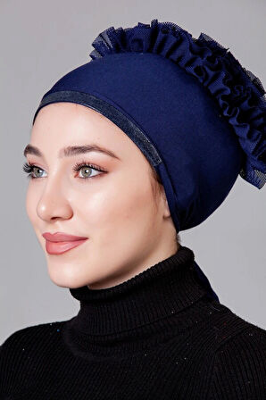 Lacivert Likralı Fırfırlı Kaymayan Bone