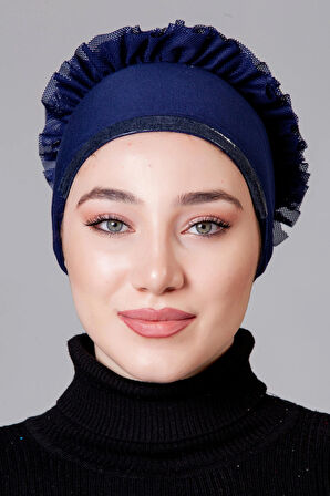 Lacivert Likralı Fırfırlı Kaymayan Bone