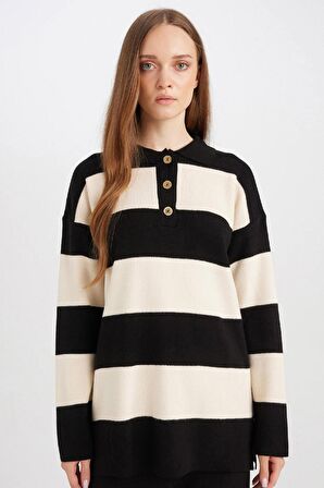 DeFacto Regular Fit Polo Yaka Düğmeli Çizgili Kazak Tunik D2442AX24WNBK81