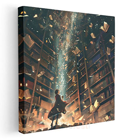 Büyülü Kütüphane - Uçuşan Sayfalar Anime Kanvas Tablo