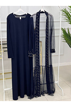 Kadın Tesettür Abaya Takım, Uzun Kollu Elbise ve Tül Abaya