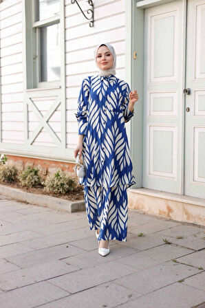 Kadın Tesettür Takım Çiçek Desenli 2'Li Pantolon Tunik Takımı