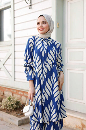 Kadın Tesettür Takım Çiçek Desenli 2'Li Pantolon Tunik Takımı