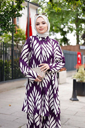 Kadın Tesettür Takım Çiçek Desenli 2'Li Pantolon Tunik Takımı