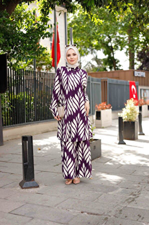 Kadın Tesettür Takım Çiçek Desenli 2'Li Pantolon Tunik Takımı