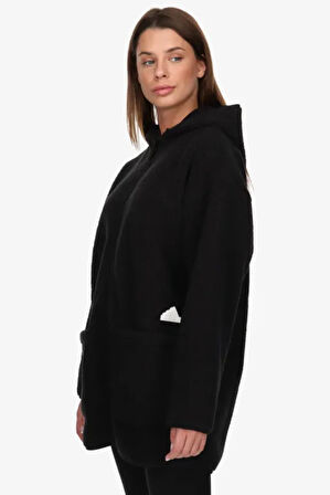Adidas Polar Fleece Full Zİp Long Hoodie Kadın Çift Taraflı Bol Kesim Kapüşonlu Uzun Polar Sweatshirt Siyah