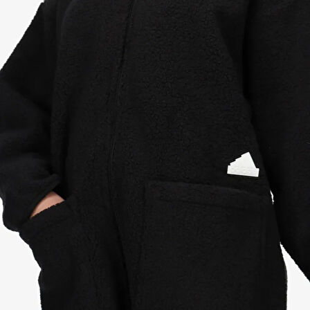 Adidas Polar Fleece Full Zİp Long Hoodie Kadın Çift Taraflı Bol Kesim Kapüşonlu Uzun Polar Sweatshirt Siyah