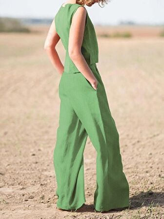 Barbora Keten Günlük Rahat  Kolsuz  Alt Üst Kadın Takım LN08haki13