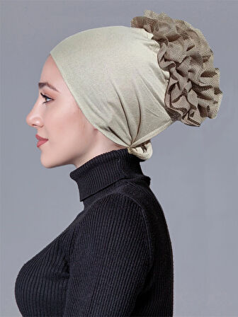 Taş Rengi ( Ten Rengi) Likralı Fırfırlı Kaymayan Bone