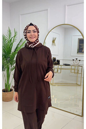 Tesettür Takım İkili Tunik Pantolon Takımı Kapüşonlu İp Detaylı Tunik