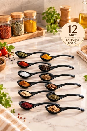 Porsima 0445 12'li Plastik Baharat Kaşığı Seti 11 Cm - Şık Siyah Reçel, Sos Ve Baharatlık Kaşığı Takımı