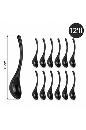 Porsima 0445 12'li Plastik Baharat Kaşığı Seti 11 Cm - Şık Siyah Reçel, Sos Ve Baharatlık Kaşığı Takımı