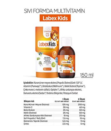Erbatab Labex Kids Çinko Kekik Beta Glukan Karamürver Çocuk Multivitamin Şurup 150 ML