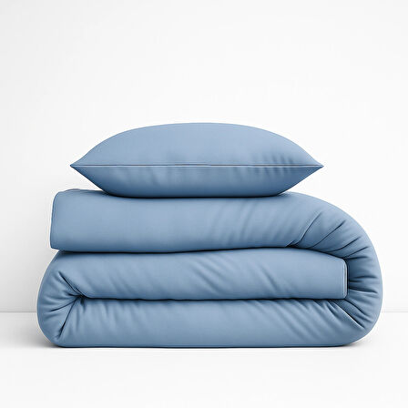 Tek Kişilik %100 Pamuk Nevresim Takımı 160x220 cm , Lastikli Çarşaflı Set, Mavi
