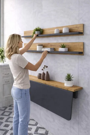 60x90 Katlanır Duvara Monte Masa ve 2 Adet 15x90 Raf Seti Antrasit & Çam Desen Oval Köşeli