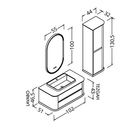 PIER 100 CM SİYAH LAVABOLU BANYO DOLABI VİZON / KAYIN - BOY DOLAP DAHİL