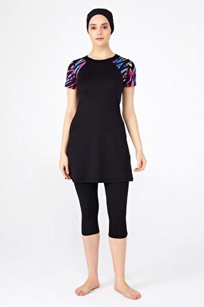 Tesmay 0446  Battal Siyah Lycralı Yarı Kapalı Havuz Mayo