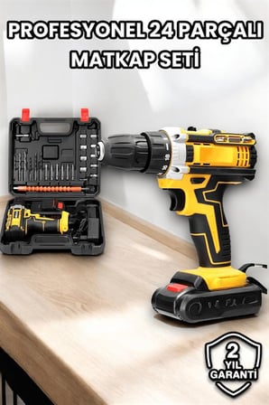 Metal Dişli 24W Akülü Matkap -Çift Bataryalı ve LED Çalışma Işığı ile Tam Set