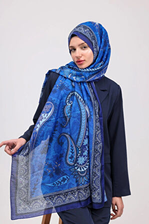 Kamer Scarf Modal Soft Serisi Etnik Desen Şal Saks Mavisi