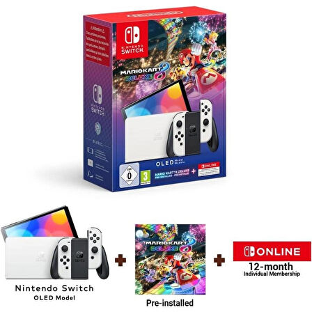 Nintendo Switch OLED Konsol Beyaz + Mario Kart 8 Deluxe + 12 Months NSO