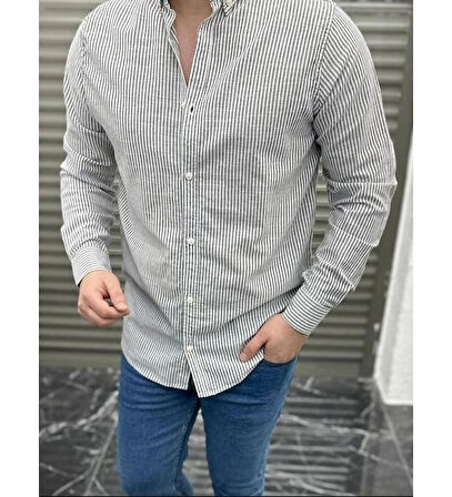 Çizgili Erkek Keten Gömlek -Gri