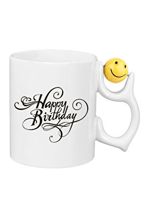 Kişiye Özel Happy Brithday Doğum Günü Özel Kulplu Süblimasyon Baskılı Porselen Kupa Bardak Emoji