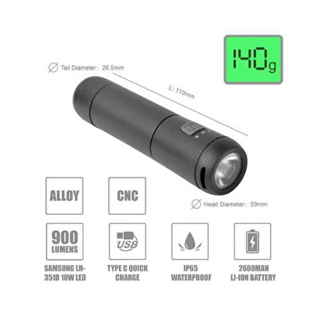 Eastpower Ön Far LW-F800 900LM USB IP65 Su Geçirmez - Siyah