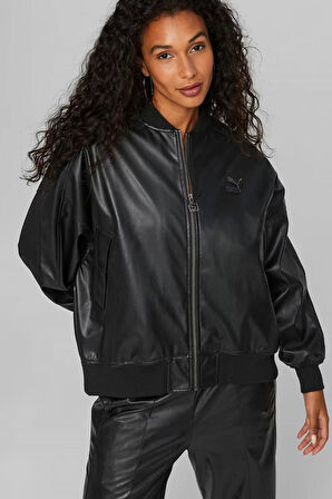 Puma Women’s T7 Faux Leather Bomber Jacket Black Kadın Rahat Kesim Suni Deri Bomber Ceket Siyah