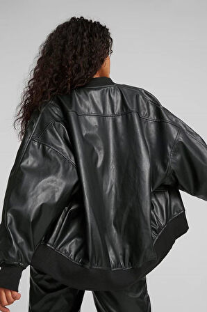 Puma Women’s T7 Faux Leather Bomber Jacket Black Kadın Rahat Kesim Suni Deri Bomber Ceket Siyah