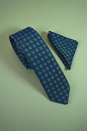 Slim Mozaik Desen Yeşil Kravat & Mendil