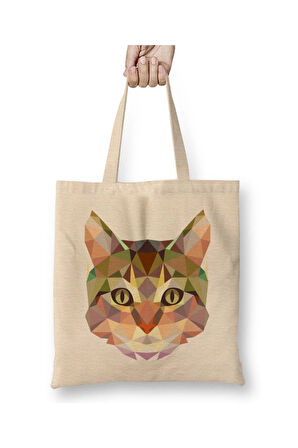 Geometric Animal Cat Kedi Kittens Beyaz Bez Çanta Uzun Saplı Alışveriş Çantası Plaj Çantası