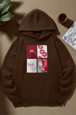 Unisex Red Mon Cheri Baskılı kapüşonlu Sweatshirt