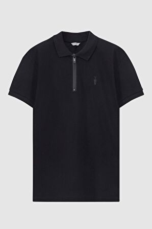 Twn Slim Fit Siyah Pike Dokulu Yarım Fermuarlı Polo Yaka T-Shirt 4EC14ORTFRPLO