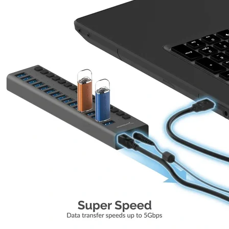 SABRENT HB-PU16 USB 3.0 16 Port USB Hub Çoklayıcı Alüminyum Güç Şalterli ve LED li Güç Kaynağı