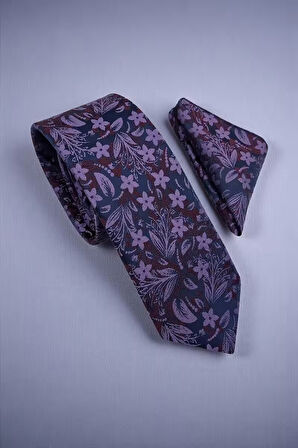 Çiçekli Mor Kravat & Mendil
