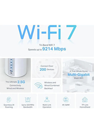 TP-Link Deco BE65(3-pack), BE9300 Mbps, 4 × 2.5 Gbps Portlar, 320 MHz Kanallar, 6 GHz Bandında Çalışır, 200 Cihaza Kadar